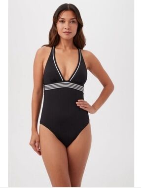Trina Turk Monaco Black One-Piece V-Neck Swimsuit with White Trim Size 14